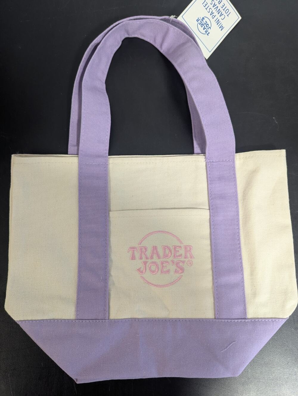Trader Joe’s Mini Canvas Tote Bag Purple Cream Reusable Grocery Bag Small NWT